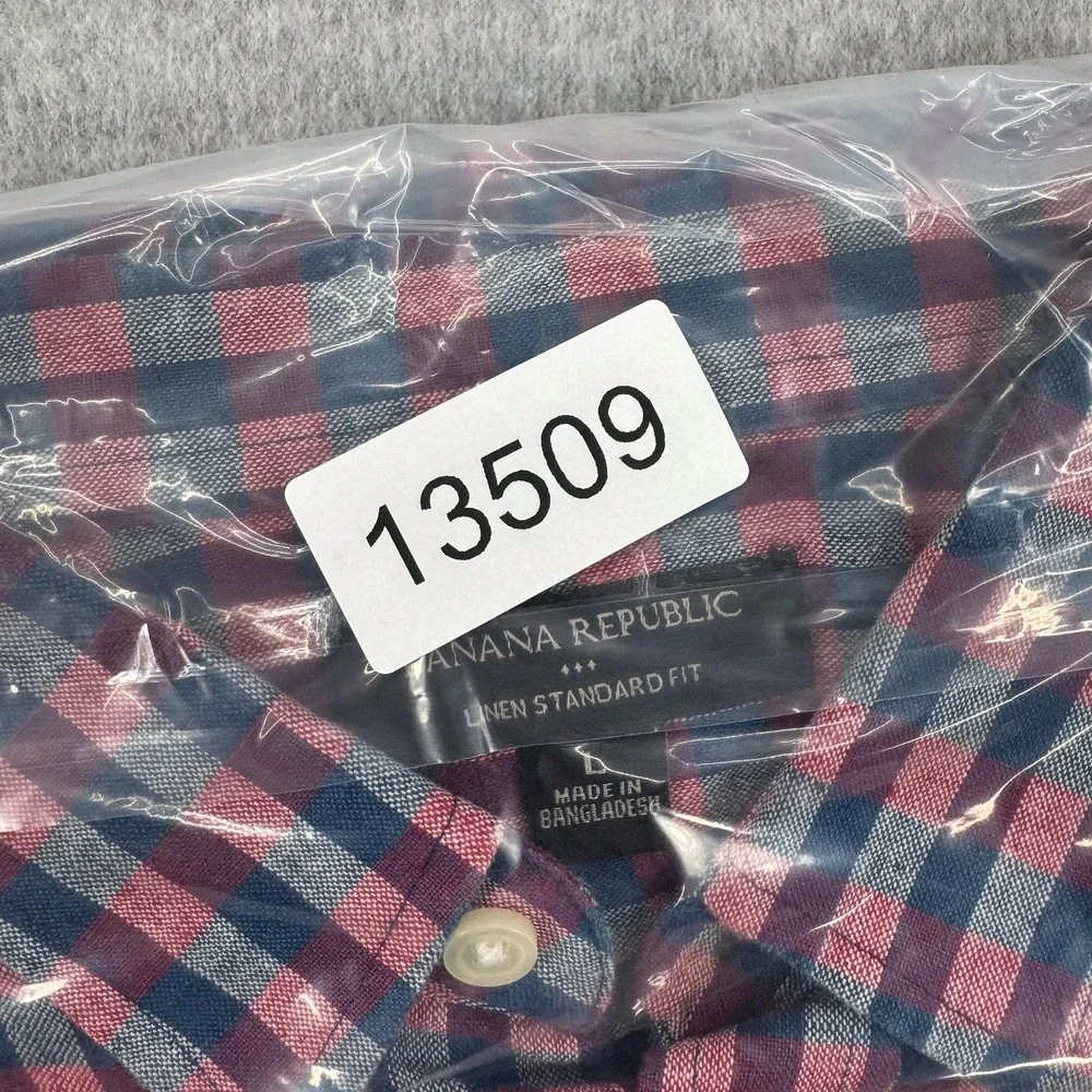 Banana Republic Linen Shirt Mens Large Blue Red Check Standard Fit Button Down